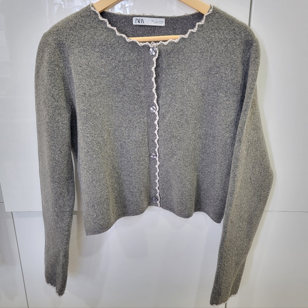 Zara Scalloped Trim Knit Cropped Cardigan Preppy Cozy Neutral Ballet-core Large - Picture 7 of 17